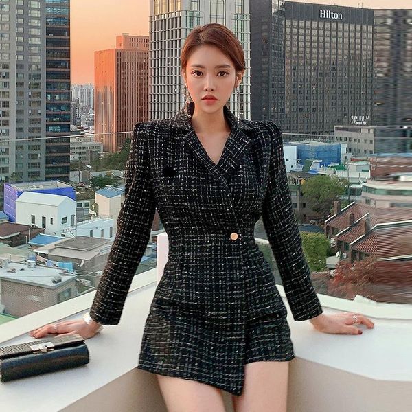 

autumn winter women fashion single button coat black checkered tweed casual plaid jacket outerwear, Black;brown