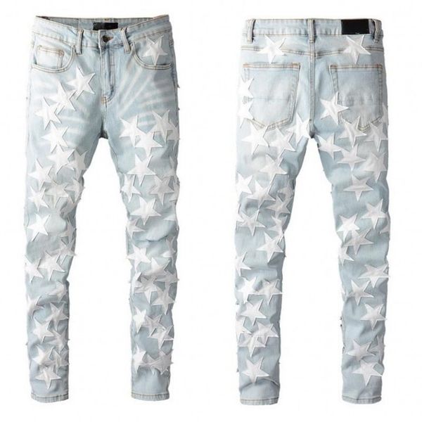 

men distrsed ripped biker jeans slim fit motorcycle denim for fashion hip hop mens jean good quality, Blue