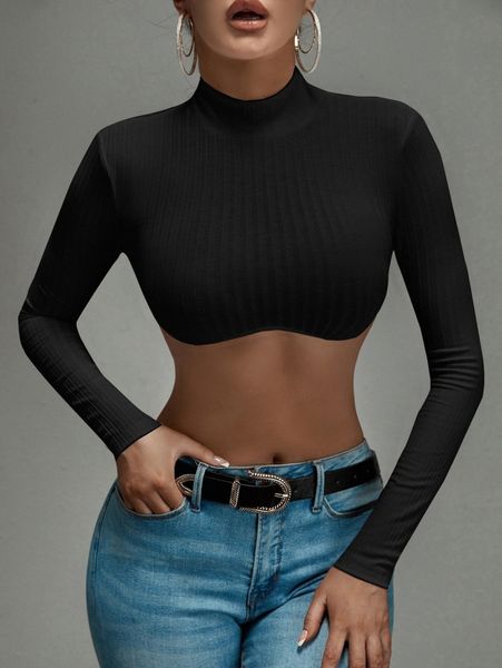 

sxy mock neck rib-knit crop n79u#, White