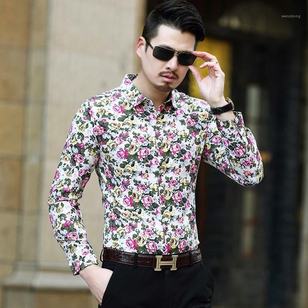 

2021 spring men's leisure fashion business flower pattern long sleeve shirts men's printing long sleeve shirt size -7xl1, White;black