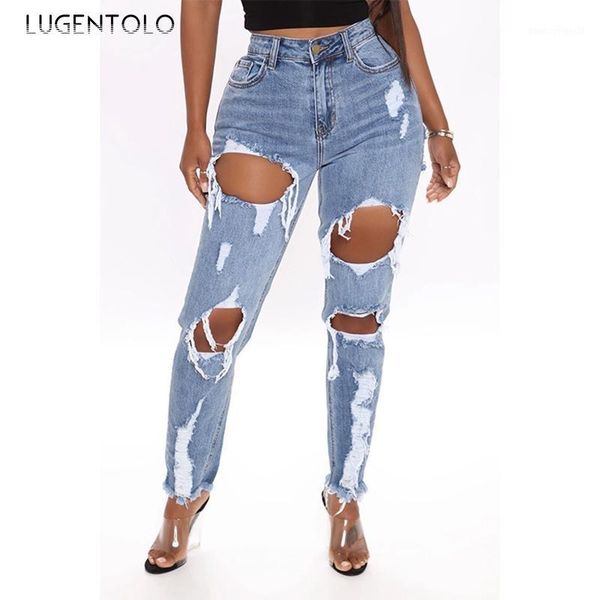 

women's jeans lugentolo women's hole slimming ripped female denim pants straight street fashion casual long jeans1, Blue