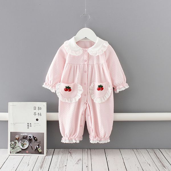 

2021 new baby girls rompers peter pan collar cotton long sleeve jumpsuit outfits newborn infant clothes with cute pockets pink 0-18m 8zpt, Blue