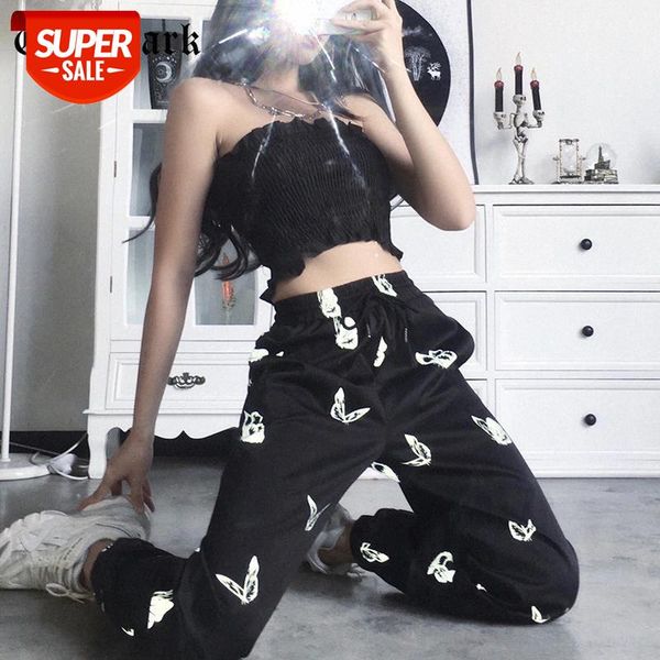 

goth dark casual butterfly high waist trousers summer fashion loose hip hop straight harajuku long pants gothic 2020 women slim #0k8p, Black;white