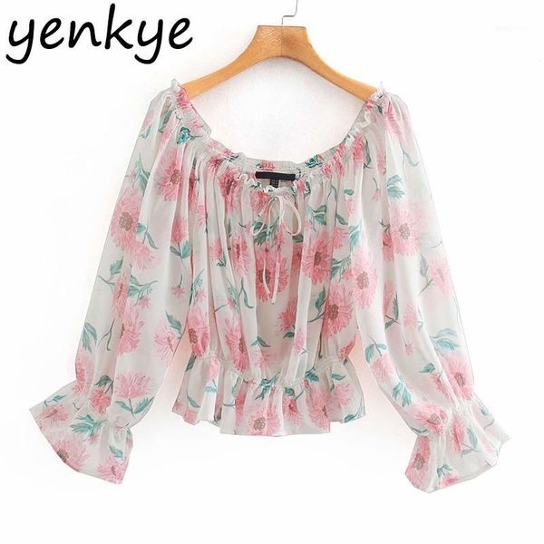 

floral print off shoulder women long sleeve slash neck sweet chiffon blouse female holiday summer boho ccwm98141, White