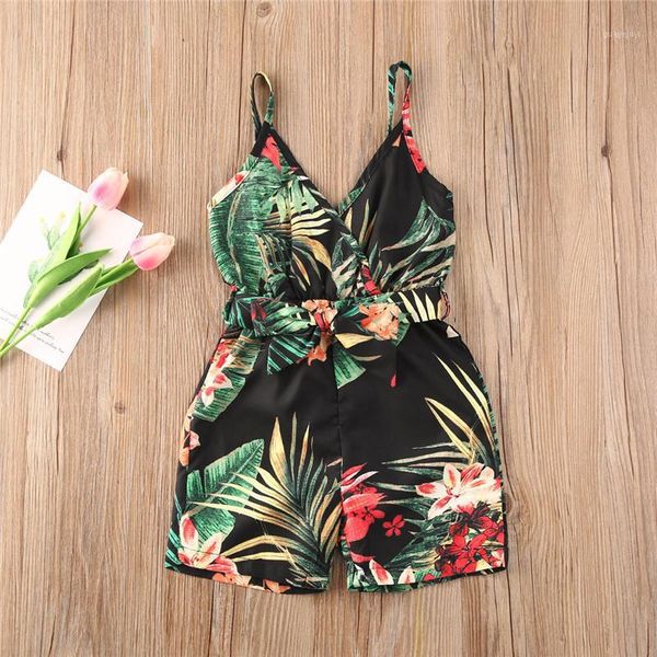 

1-6 years girls sling jumpsuit toddler summer holiday style casual leaves printed lace up romper for girls casual playsuit1, Blue