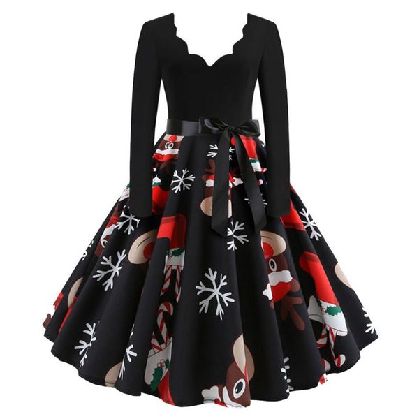 

winter woman dress christmas dresses women vintage robe swing pinup elegant party dress long sleeve casual plus size print black, Black;gray