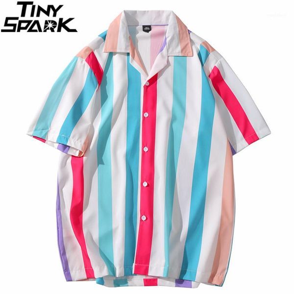 

men hawaiian shirt 2020 hip hop shirt streetwear white blue red stripe harajuku beach summer short sleeve1, White;black