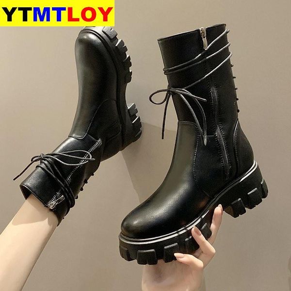

2020 ankle boots for women lace up shoes woman brand designer women chunky boots chic ankle strap platform black leather