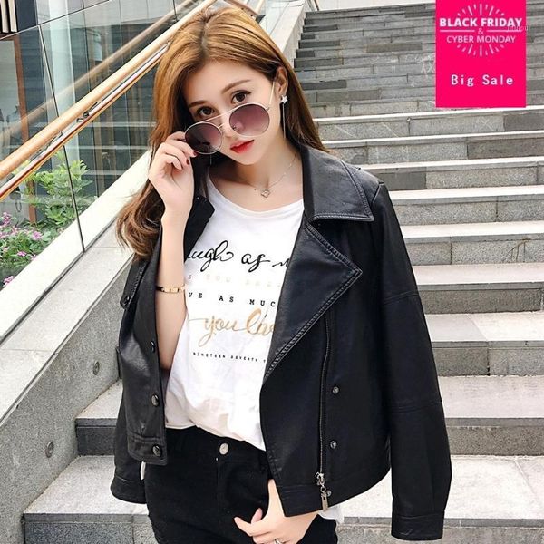 

autumn and winter female korean version was thin with pocket pu leather wash leather coat v neck motorcycle jacket wj16931, Black
