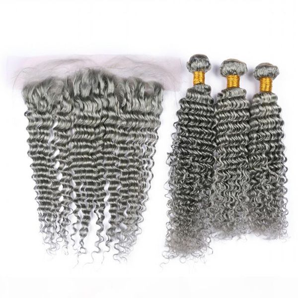 

deep wave brazilian silver grey human hair 3bundles with lace frontal pure grey color 13x4 full lace frontal closure with weaves 4pcs lot, Black;brown