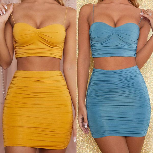 

women set spaghetti strap crop and mini bodycon skirt ruffles party outfit club two piece sets1, Gray