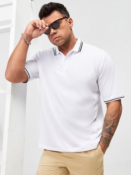 

extended sizes men striped trim polo shirt p1ar#, White;black