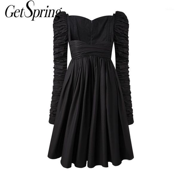 

casual dresses getspring women dress puff sleeve square collar black long vintage spring/autumn fashion1, Black;gray