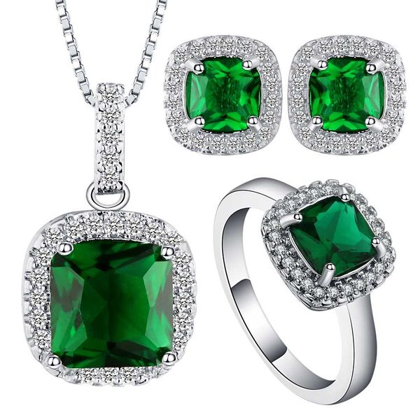 

ufooro bright green cubic zirconia cz jewelry sets for women charm pendants earrings rings jewelry sets for engagement gift, Silver