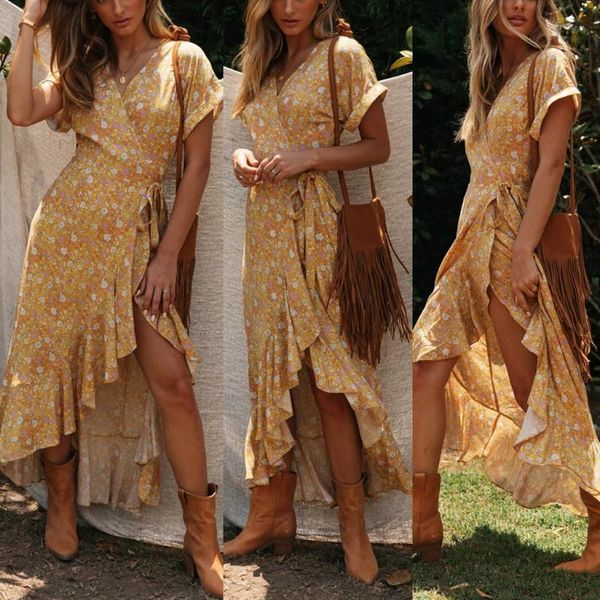 

2020 ropa mujer vestidos plus size dress womenn summer boho floral print ruffle splite tie up beach long dress sukienki, White;black