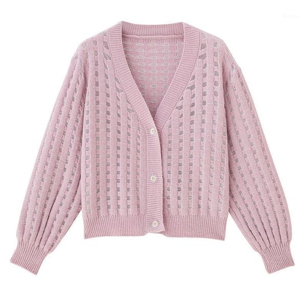 

933 short sweater jacket women's loose v-neck hollow knit cardigan1, White