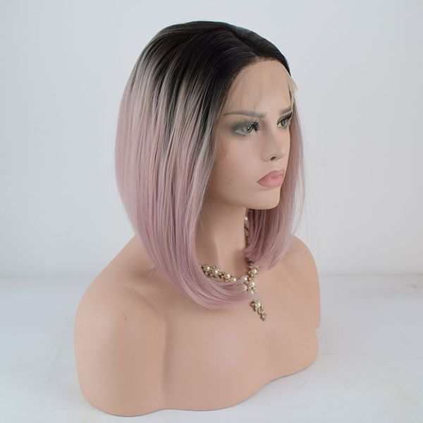 

bombshell black ombre pink short straight bob synthetic lace front wig heat resistant fiber hair middle parting for women wigs
