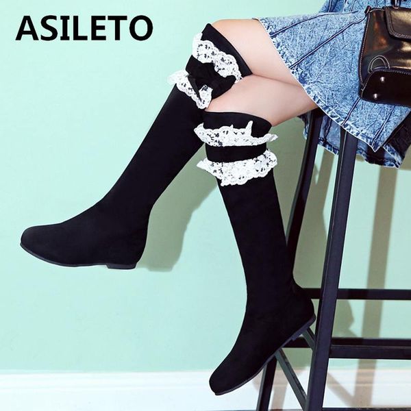 

asileto 2020 women winter boots female stretch bowtie over the knee boots women botas flock slip-on lace boot footwearb729, Black