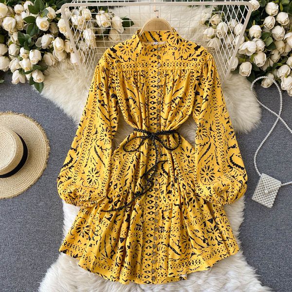 

2021 new vintage female imprint dress short spring button neck the line puff dressed string h7pq, Black;gray