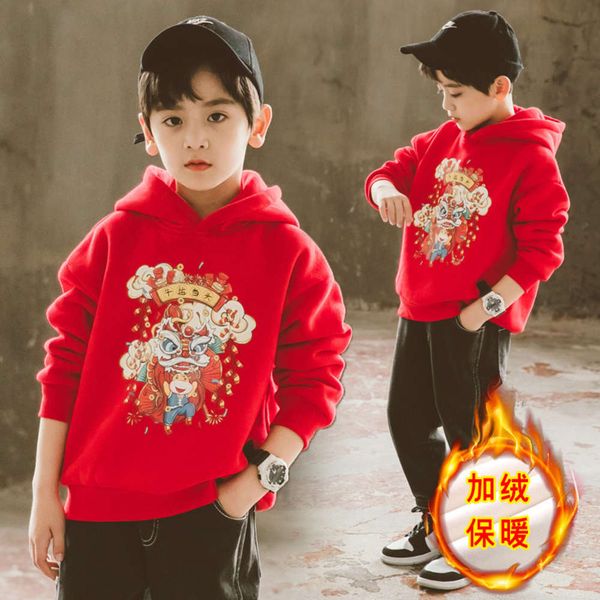 

winter children's boys' casual 2020 plush thickened hooded red new year's wear sweater, Black