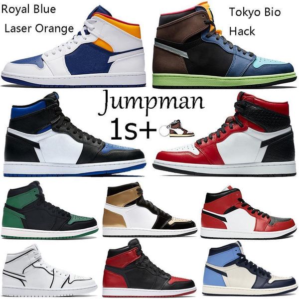 

1s high tokyo bio hack jumpman 1 satin snake chicago basketball shoes iridescent reflective royal blue toe laser orange men women trainers, Black