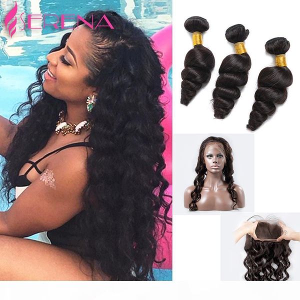 

360 frontal with bundles loose wave brazilian virgin hair 7a bundles with frontal afro hair with baby hairs body wave hair extensions, Black;brown