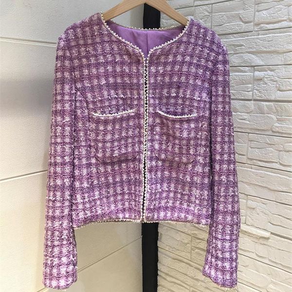 

women's jackets autumn pearls beading o-neck plaid tweed coat c203, Black;brown