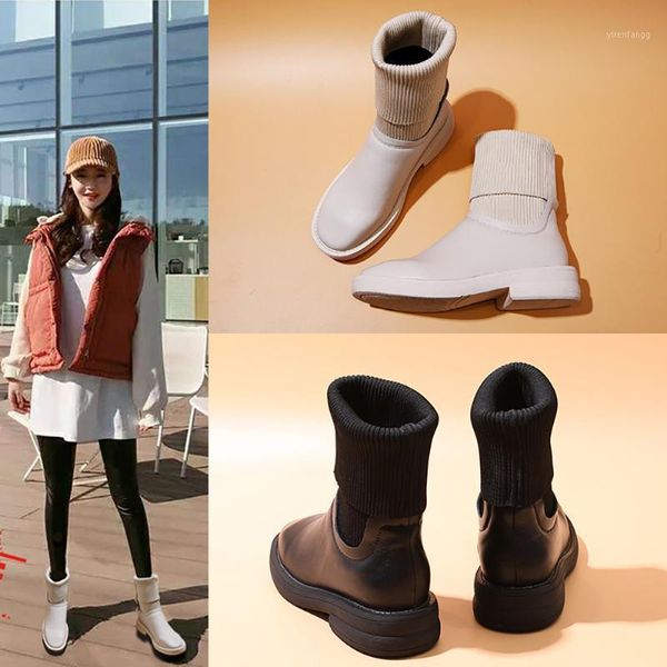 

wool knitting stretch ankle boots women square med high heels riding boots genuine leather shoes ladies office1, Black