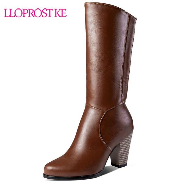 

lloprost ke pu leather mid-calf boots for women's larger size 30-52 zipper spike heels warm winter shoes ladies biker boots h484, Black