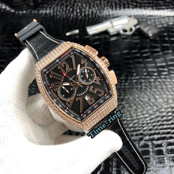 

edition v45 sc dt black date dial rose gold diamond case automatic mechanical movemen mens watch leather strap designer brand watches, Slivery;brown