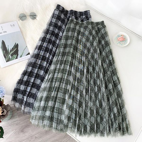 

net gauze puffy skirt british style sub-skirt mid-length a-line high waist pleated skirt temperament retro umbrella, Black