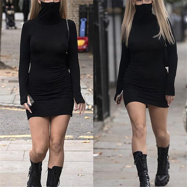 

2021 autumn fashion slim long sleeve solid black women dress with face mask neck short mini bodycon street dresses vestidos, Black;gray