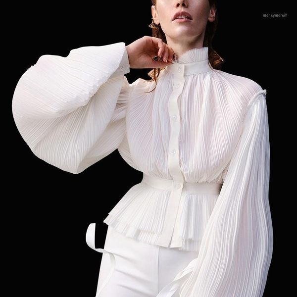 

women's blouses & shirts polyester crepe pressing lantern sleeve women's blouse stand collar defined waist long black white 1
