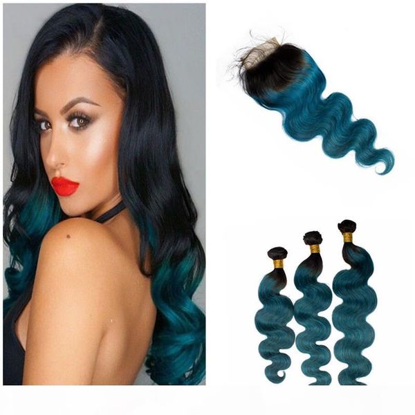 

two tone 3 bundles with closure ombre hair virgin human peruvian hair with 4x4 lace closure teal ombre body wave hair, Black;brown