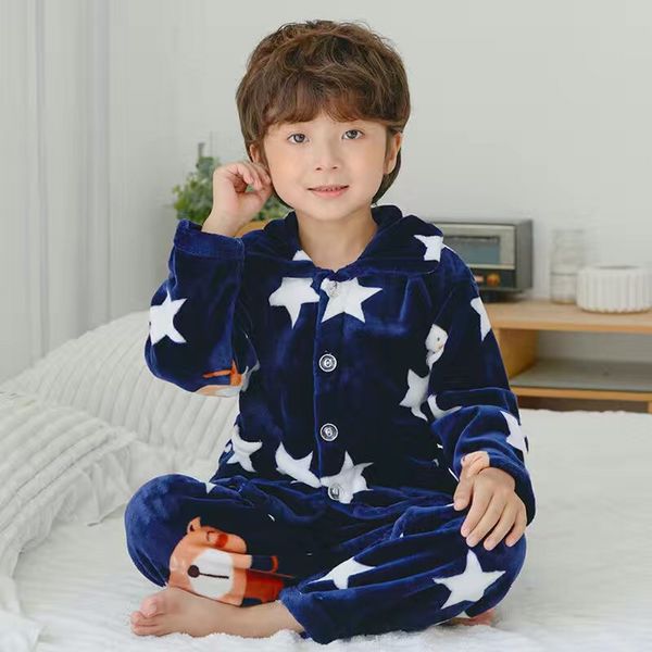 

autumn winter children's flannel lapel cardigan pajamas baby thickened teen big boys pajamas christmas pyjamas for girls1232, Blue;red