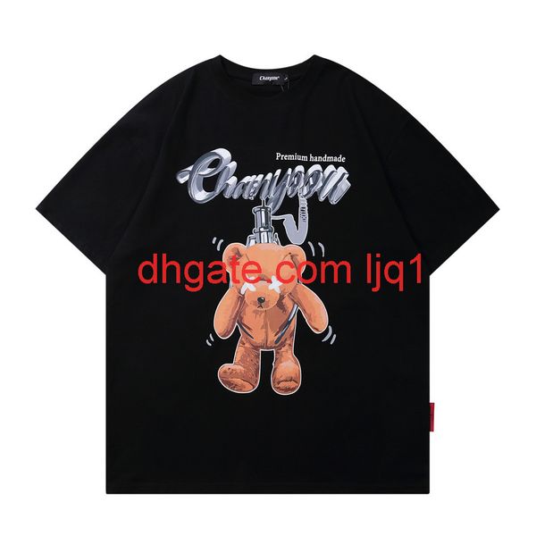 

cartoon bear print short sleeve t-shirt men's fashion brand round neck 5/6 sleeve trendy pullover half sleeve t-shirt, White;black