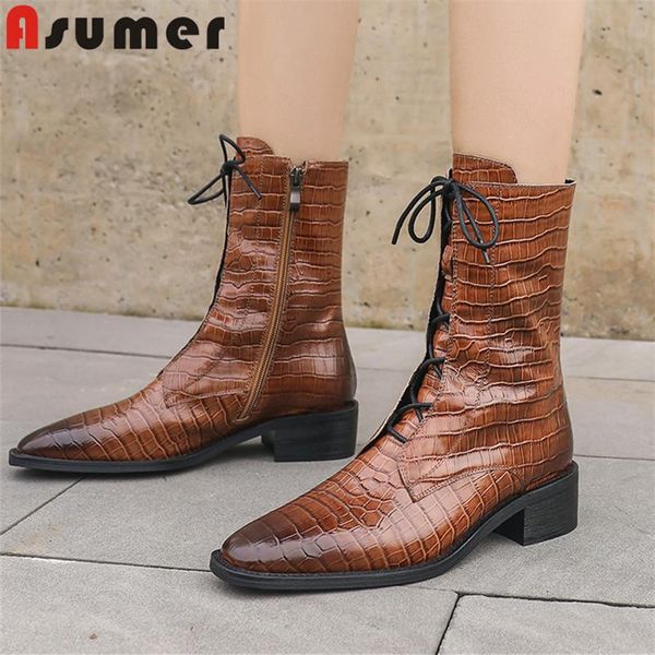 

asumer 2020 genuine leather shoes women ankle boots lace up zip thick heel fashion vintage short boots woman, Black