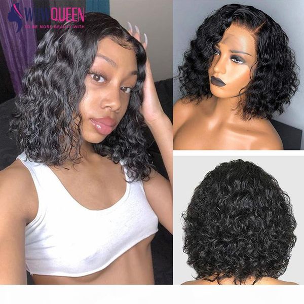 

short water wave wig 180 density bob wig lace front human hair wigs pre plucked wowqueen hair brazilian bob lace front wigs, Black