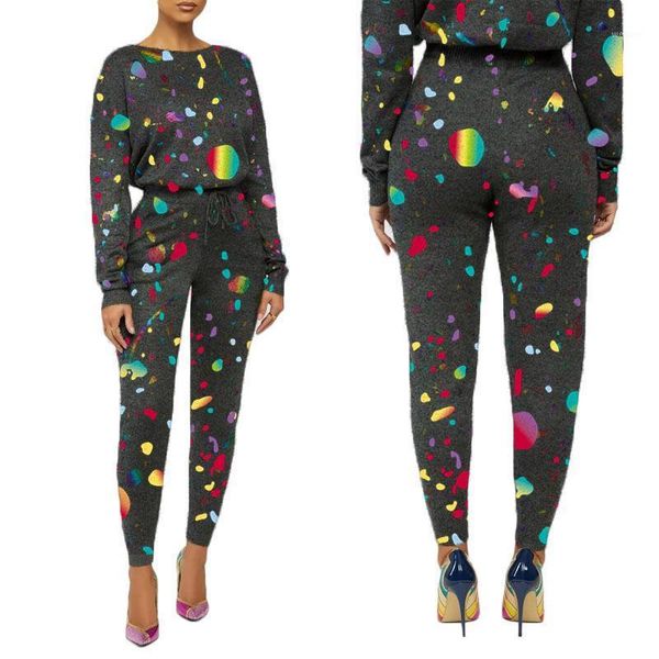 

autumn knitted women casual sets o-neck long sleeve graffiti printing loose tees drawstring pencil pants tracksuits sports party1, Gray