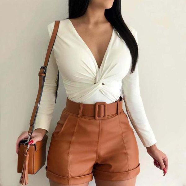 

women tie front fashion v-neck long sleeve shirts casual woman blouse chemise blanche femme#y41, White