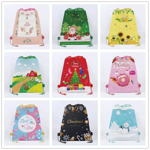 

christmas gift bag xmas drawstring bag kids adults cartoon snowman print non-woven handbags designer drawstring totes candy bags e92302, Black