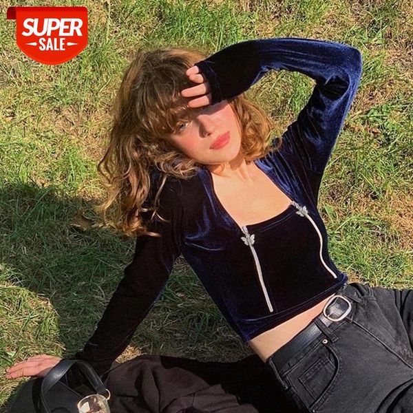 

vintage e-girl square collar velvet t-shirts y2k aesthetics long sleeve stitch shirt 90s outfits streetwear slim #xl7b, White