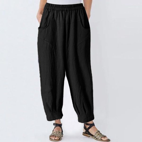 

women's pants & capris women casual harajuku summer loose big size long trousers solid elastic waist cotton linen ankle length haren pa, Black;white