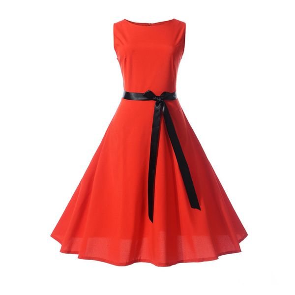 

closing, hepburn style 50s slim waist and big swing solid dress with belt, Black;gray