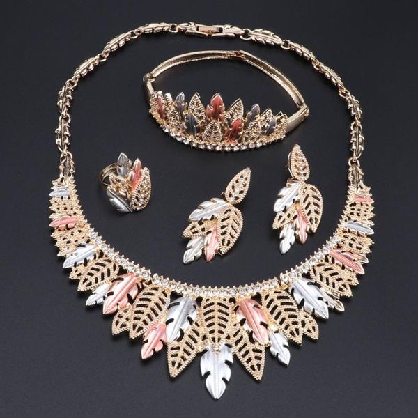 

oeoeos new fashion party wedding women multicolor necklace earrings bracelet ring dubai leaves shape jewelry sets, Silver