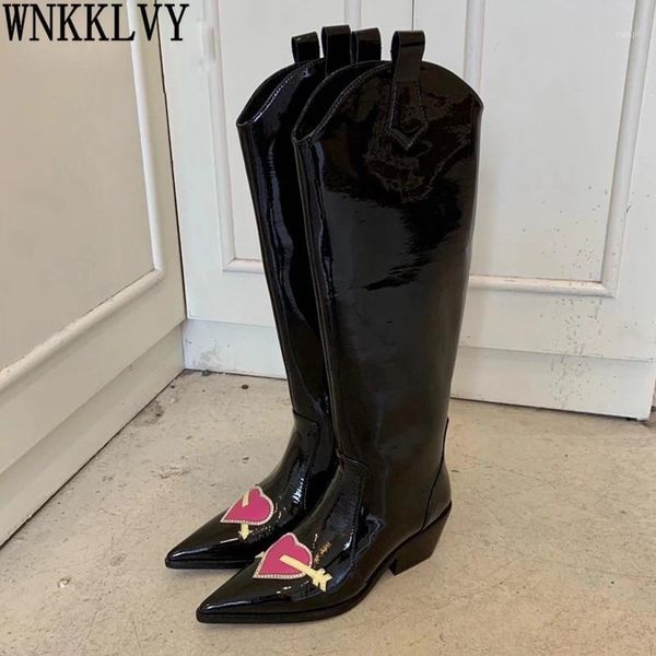 

boots pointed toe crystal love-heart knee high women shiny leather chunky mid heel shoes autumn slip on cowboy long booties 20211, Black