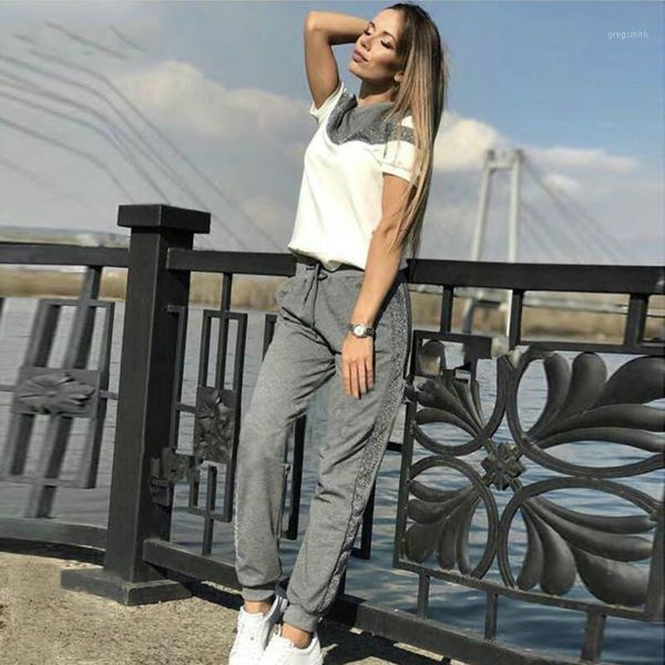 

summer clothes for women's tracksuits short sleeve cotton pullover sweatshirt 2 piece set fashion stitching sporting suit female1, White