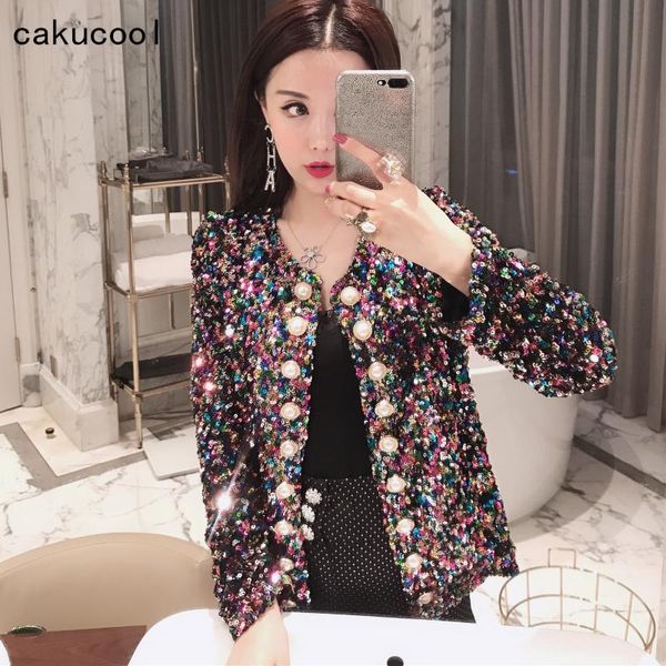 

cakucool women sequined bomber jacket spring colorful beading pearl buttons baseball jackets coats bling chic outerwear female, Black;brown