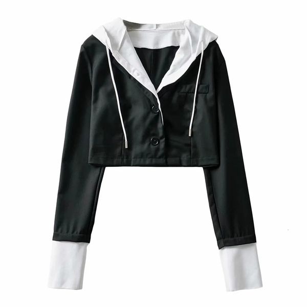 

2021 new the 1084 holiday short suit coat women in europe and wind splicing two grain of buckle pocket hooded fleece 3t72, Black;brown