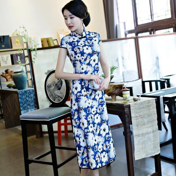 

mandarin collar vintage floral print cotton linen cheongsam slim long summer short sleeve qipao chinese traditional women dress1, Red